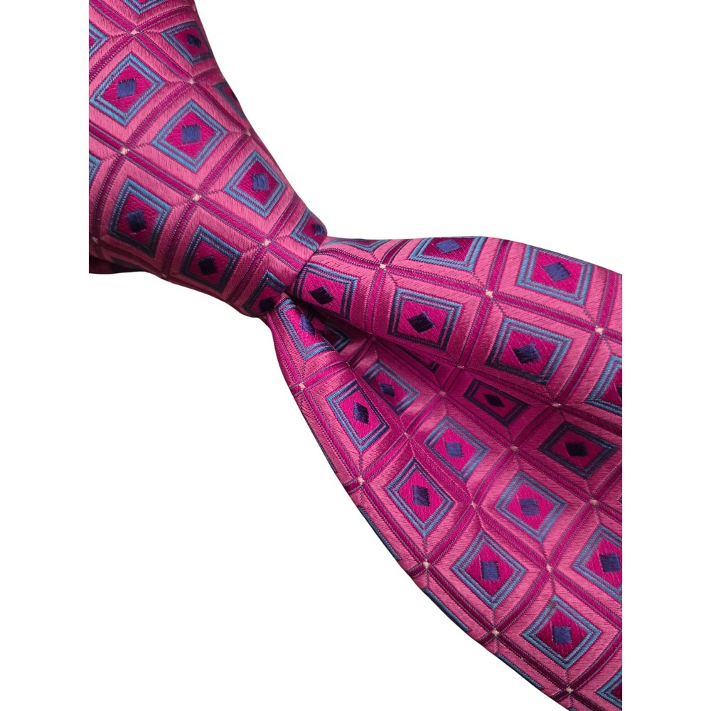 Hickey Freeman Mens Pink Geometric Diamond Silk Necktie Purple Blue Square Motif